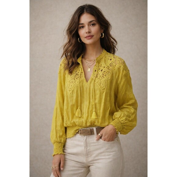 Tops - Anthropologie Moira Shirt Peasant Blouse in Chartreuse Yellow Size 6 Lace Boho